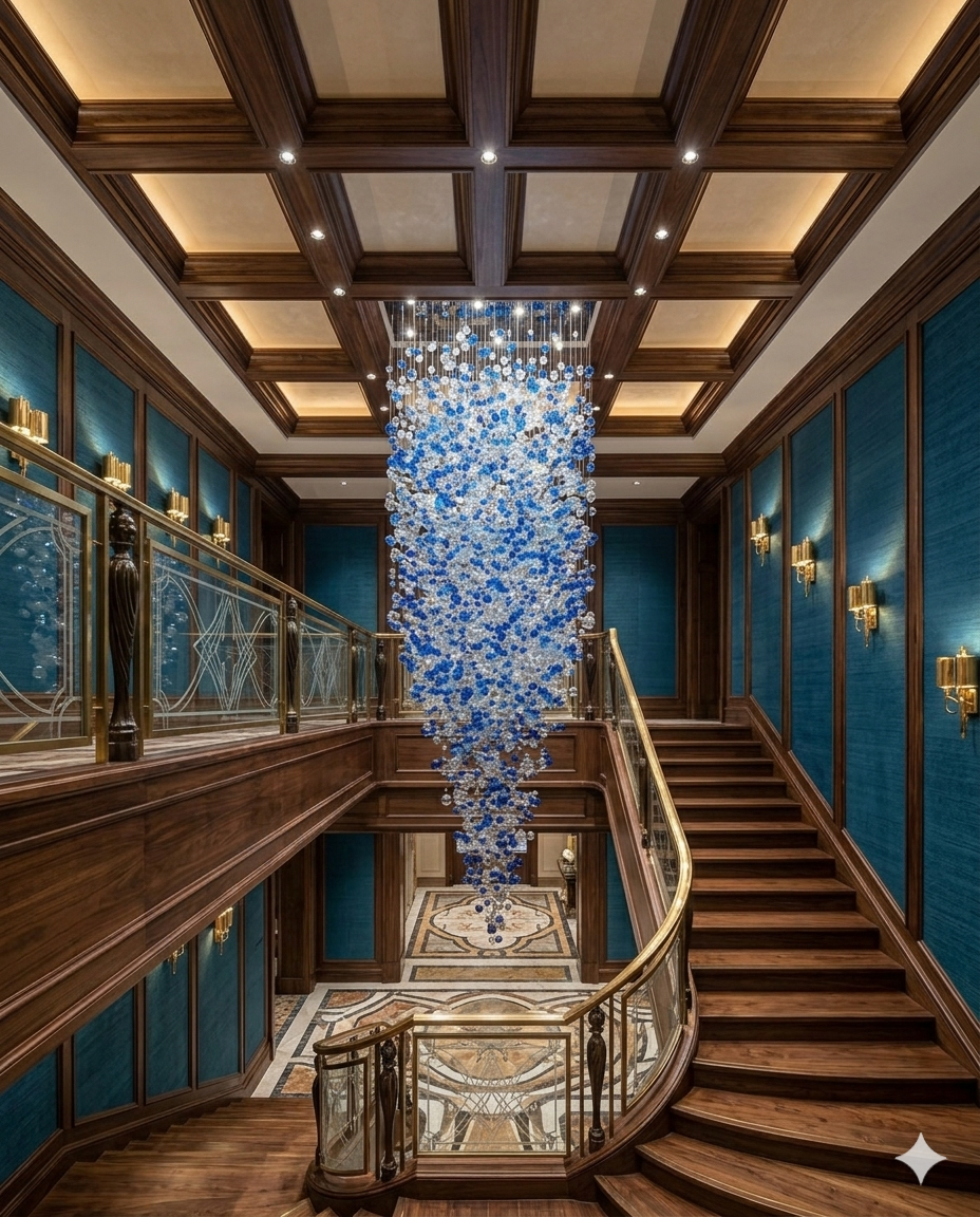 Luxury Blue & White Crystal Spiral Chandelier – Custom Modern High Ceiling Staircase Hanging Light