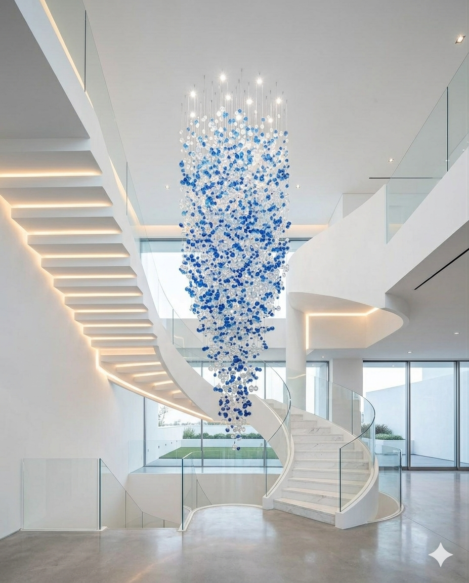 Luxury Blue & White Crystal Spiral Chandelier – Custom Modern High Ceiling Staircase Hanging Light