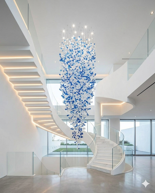 Luxury Blue & White Crystal Spiral Chandelier – Custom Modern High Ceiling Staircase Hanging Light