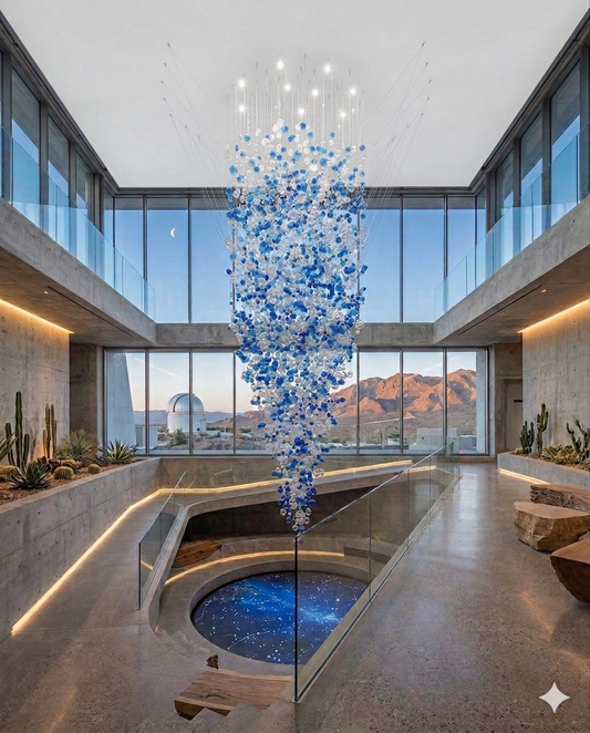 Luxury Blue & White Crystal Spiral Chandelier – Custom Modern High Ceiling Staircase Hanging Light
