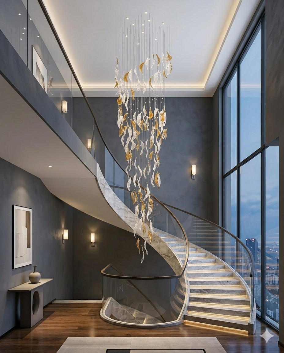 3-Meter Custom Spiral Leaf Glass Chandelier | Orange & White Luxury Pendant Light for High Ceiling Staircase
