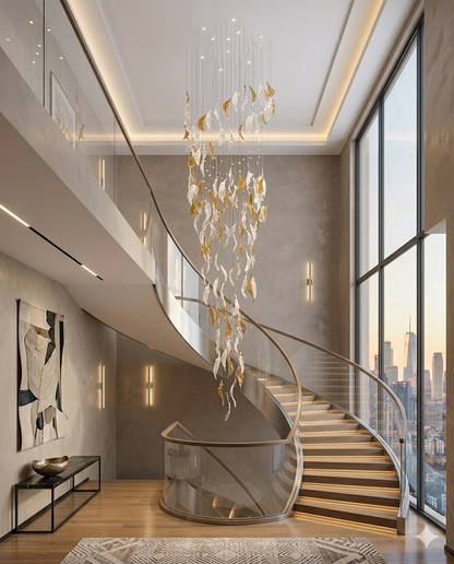 3-Meter Custom Spiral Leaf Glass Chandelier | Orange & White Luxury Pendant Light for High Ceiling Staircase