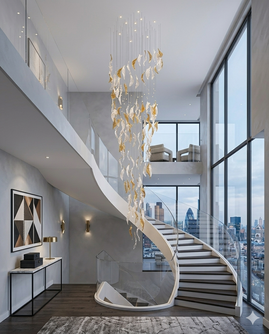 3-Meter Custom Spiral Leaf Glass Chandelier | Orange & White Luxury Pendant Light for High Ceiling Staircase