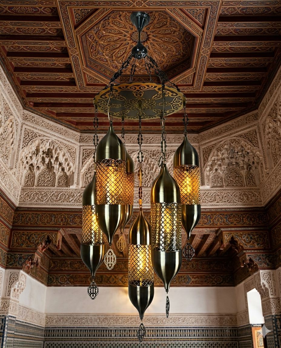 Vintage Moroccan 5-Light Hanging Chandelier – Antique Black Stainless Steel Pendant Light