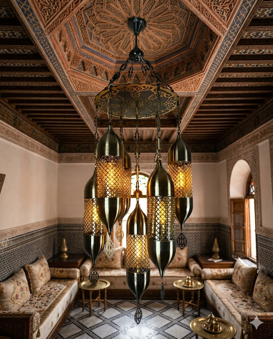 Vintage Moroccan 5-Light Hanging Chandelier – Antique Black Stainless Steel Pendant Light