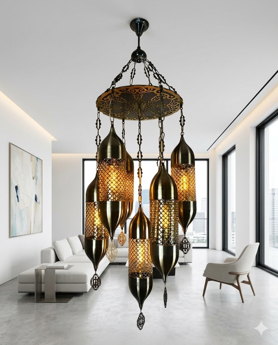 Vintage Moroccan 5-Light Hanging Chandelier – Antique Black Stainless Steel Pendant Light