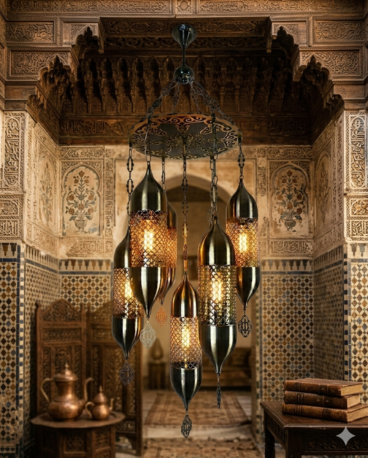Vintage Moroccan 5-Light Hanging Chandelier – Antique Black Stainless Steel Pendant Light