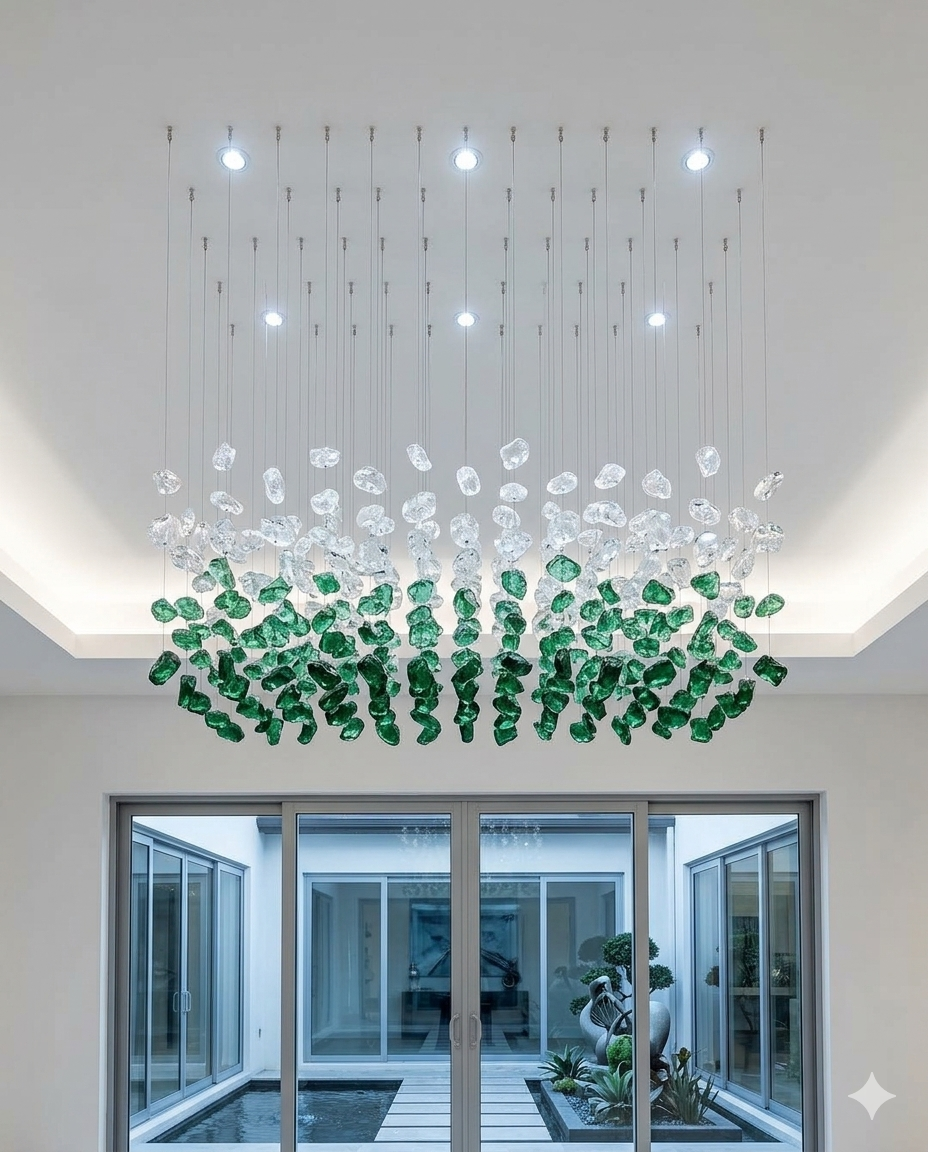 Emerald & Clear Cascade: Custom Hand-Blown Glass Crystal Chandelier (1M x 40CM)