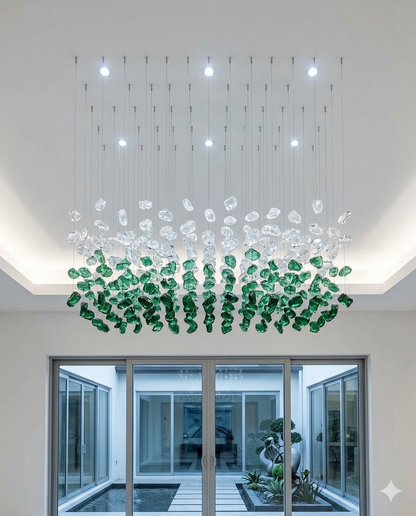Emerald & Clear Cascade: Custom Hand-Blown Glass Crystal Chandelier (1M x 40CM)