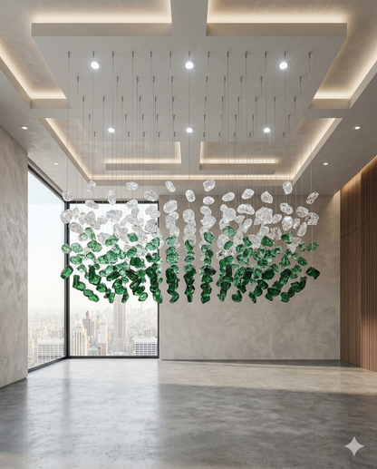 Emerald & Clear Cascade: Custom Hand-Blown Glass Crystal Chandelier (1M x 40CM)