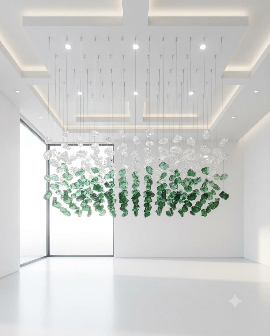 Emerald & Clear Cascade: Custom Hand-Blown Glass Crystal Chandelier (1M x 40CM)