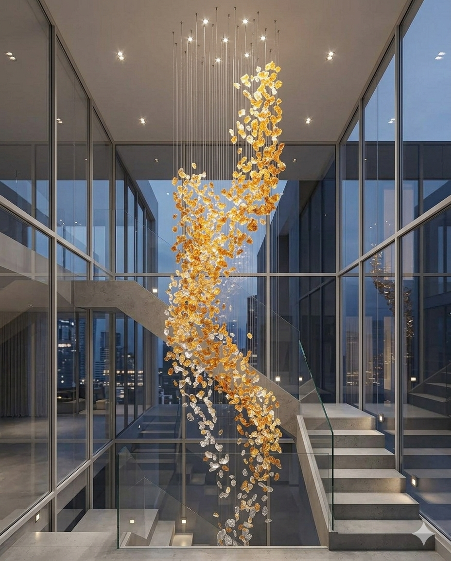 Custom 5-Meter Double-Height Stone Chandelier Amber & White Luxury Lighting
