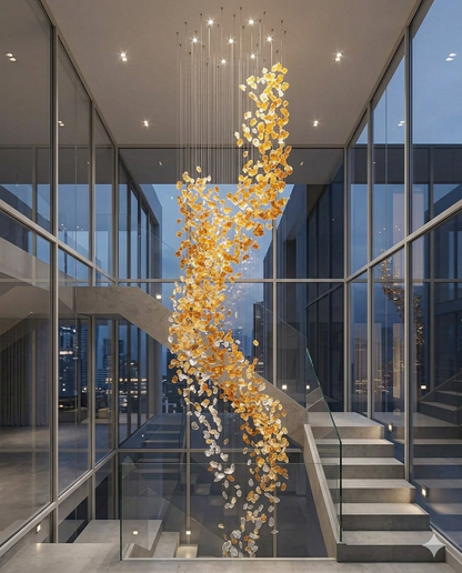 Custom 5-Meter Double-Height Stone Chandelier Amber & White Luxury Lighting