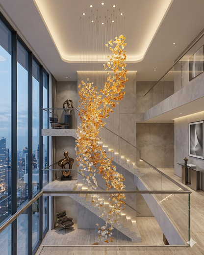 Custom 5-Meter Double-Height Stone Chandelier Amber & White Luxury Lighting