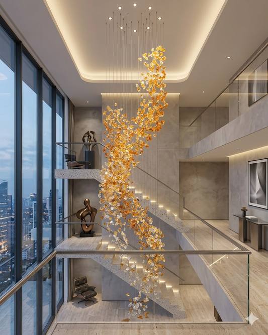 Custom 5-Meter Double-Height Stone Chandelier Amber & White Luxury Lighting