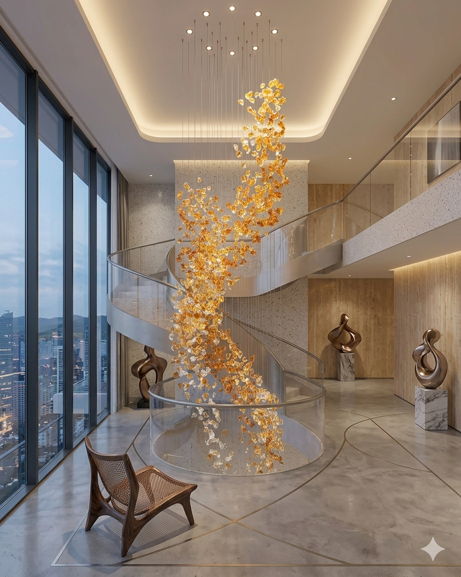 Custom 5-Meter Double-Height Stone Chandelier Amber & White Luxury Lighting