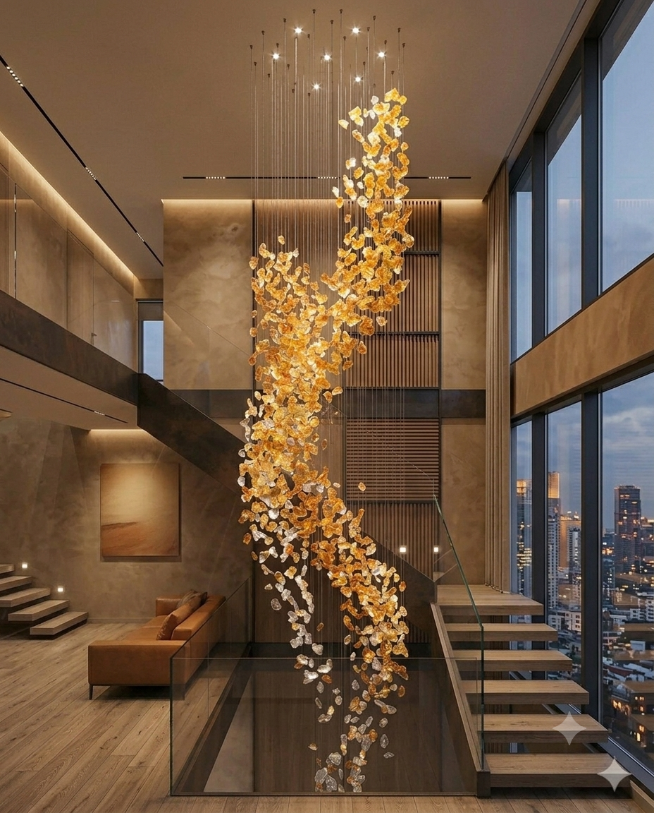 Custom 5-Meter Double-Height Stone Chandelier Amber & White Luxury Lighting