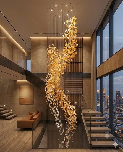 Custom 5-Meter Double-Height Stone Chandelier Amber & White Luxury Lighting
