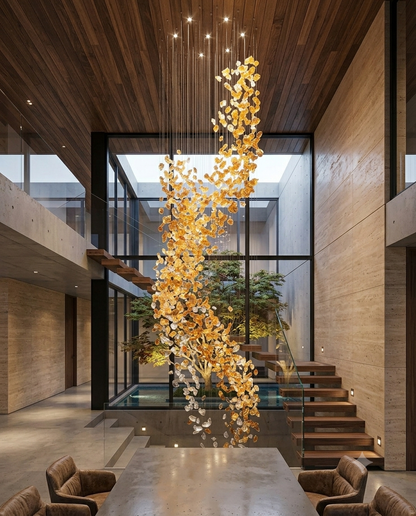 Custom 5-Meter Double-Height Stone Chandelier Amber & White Luxury Lighting