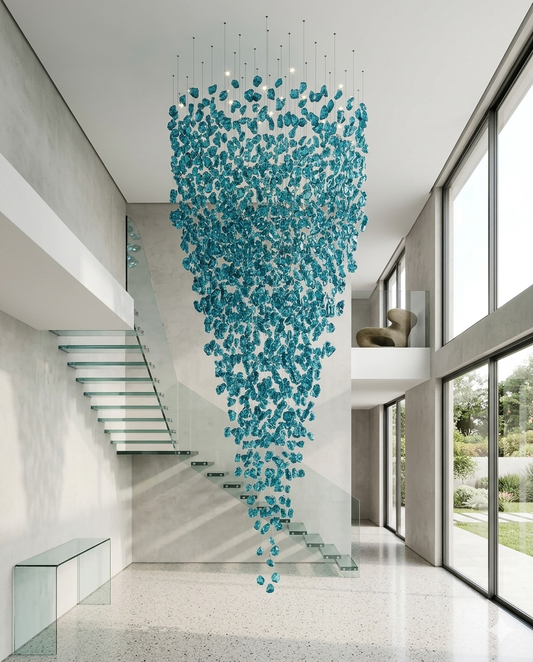 3-Meter Luxury Teal Blue Crystal Chandelier – Custom Double-Height Rainfall Pendant Light for Modern Staircase & Foyer