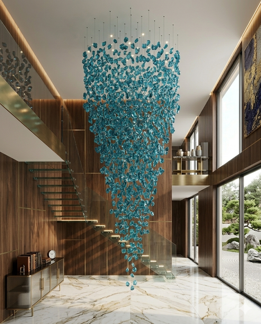 3-Meter Luxury Teal Blue Crystal Chandelier – Custom Double-Height Rainfall Pendant Light for Modern Staircase & Foyer
