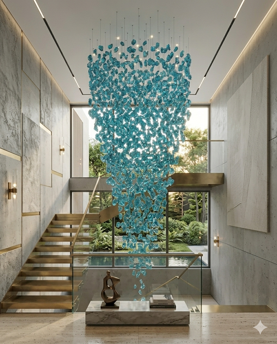 3-Meter Luxury Teal Blue Crystal Chandelier – Custom Double-Height Rainfall Pendant Light for Modern Staircase & Foyer