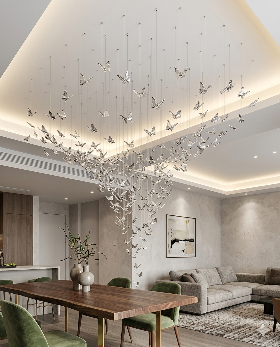 Modern 2M x 3M Crystal Silver Butterfly Chandelier – Luxury Large Floating Pendant Raindrop Ceiling Light