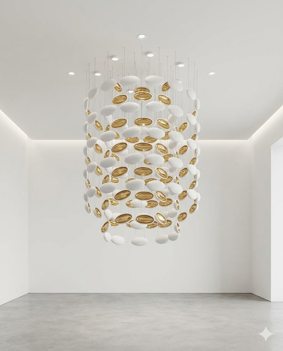 Modern Custom Floating Disc Chandelier – White & Gold Dual-Finish Art Glass Light Fixture