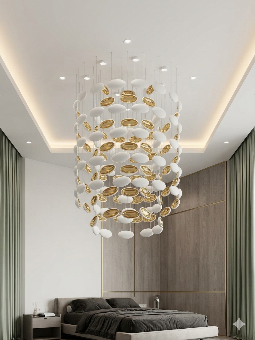 Modern Custom Floating Disc Chandelier – White & Gold Dual-Finish Art Glass Light Fixture