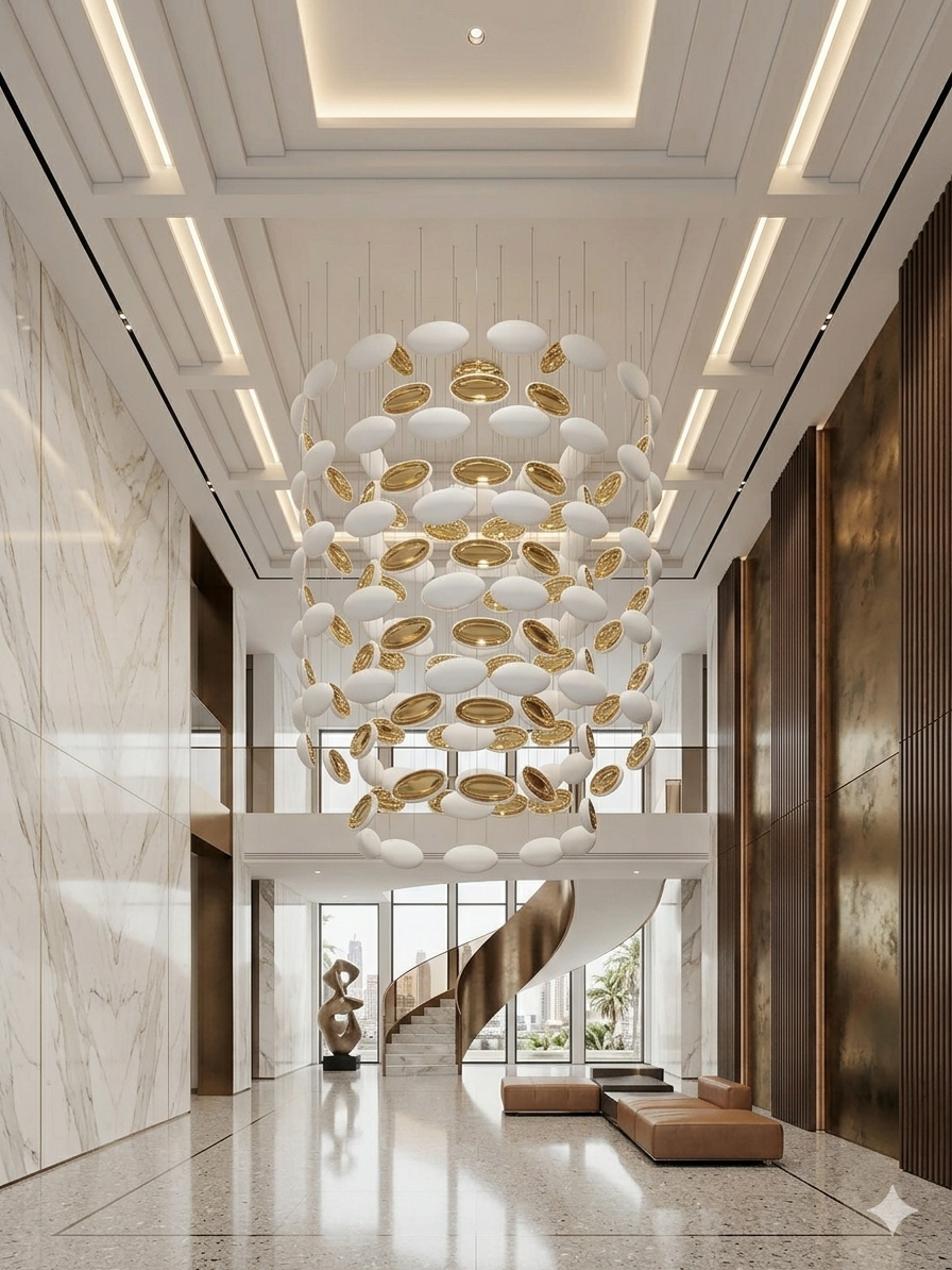 Modern Custom Floating Disc Chandelier – White & Gold Dual-Finish Art Glass Light Fixture