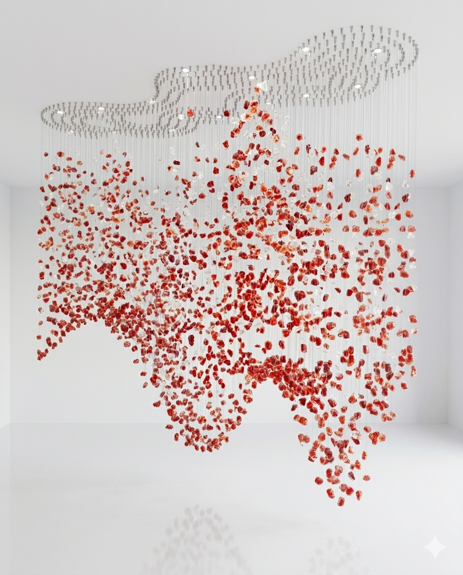 Custom Red & White Stone Wave Chandelier (3m × 2m) | Luxury Grand Hall Light