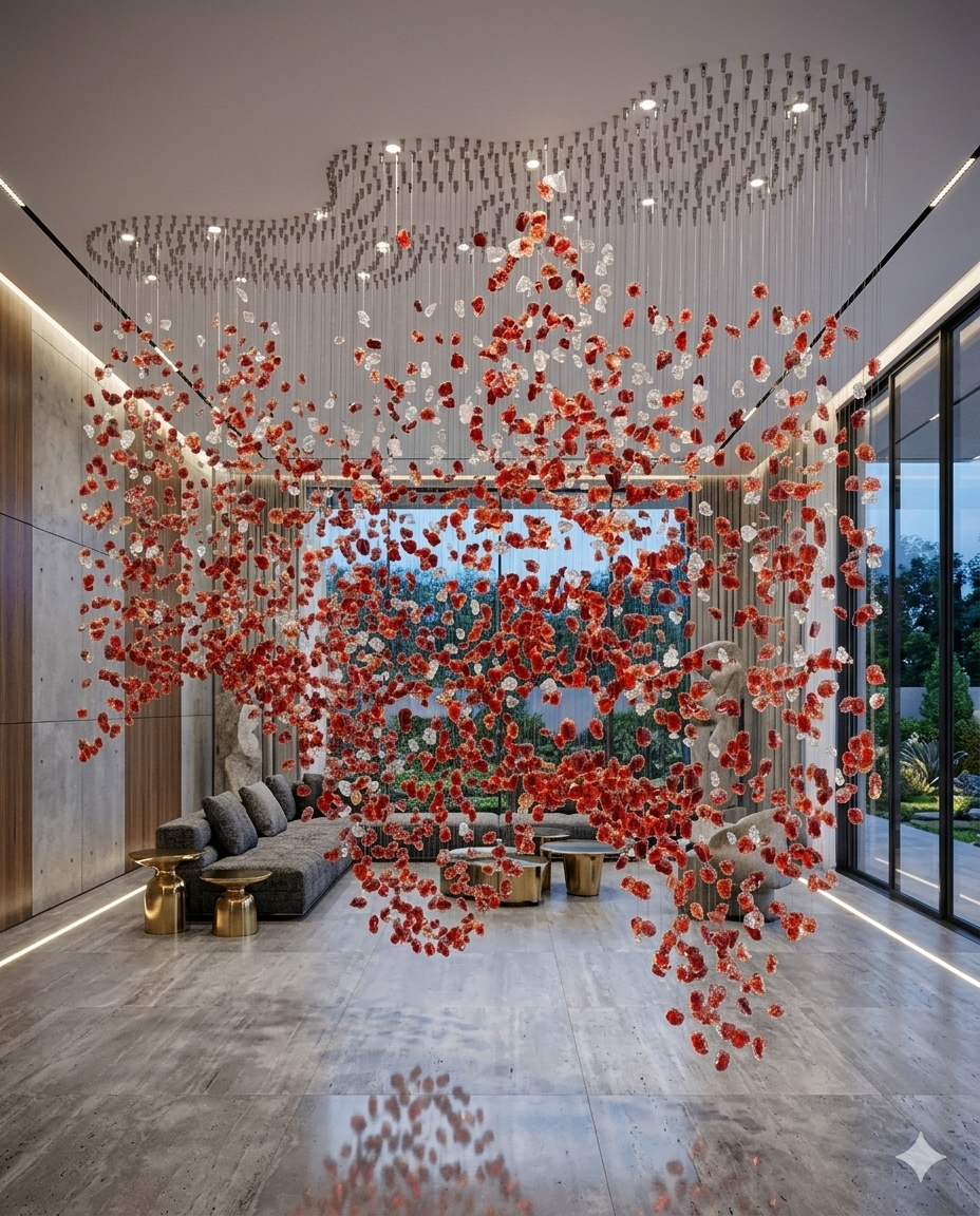 Custom Red & White Stone Wave Chandelier (3m × 2m) | Luxury Grand Hall Light
