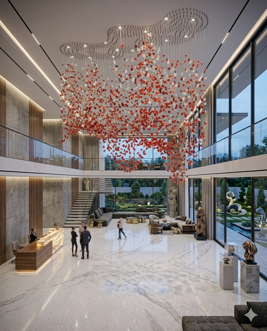Custom Red & White Stone Wave Chandelier (3m × 2m) | Luxury Grand Hall Light
