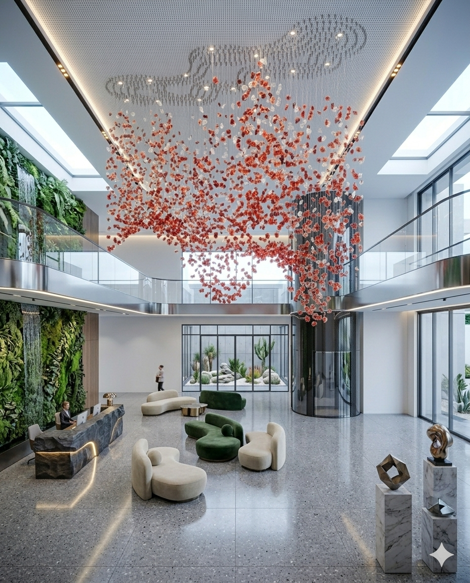 Custom Red & White Stone Wave Chandelier (3m × 2m) | Luxury Grand Hall Light