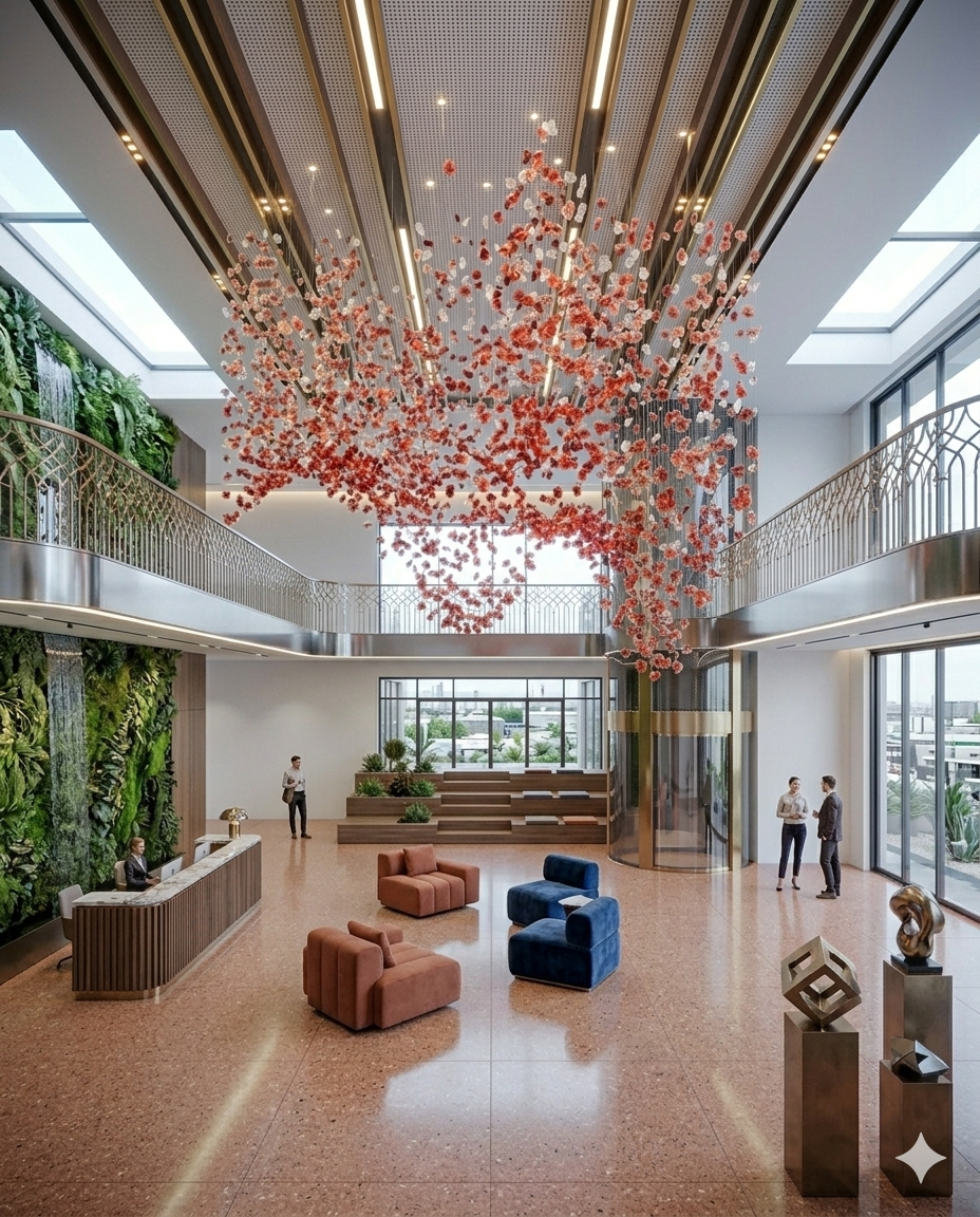 Custom Red & White Stone Wave Chandelier (3m × 2m) | Luxury Grand Hall Light