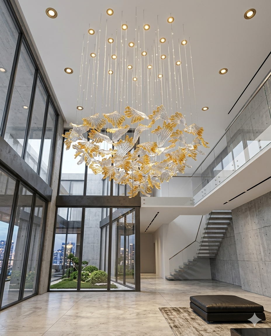 Custom Round 1M Leaf Glass Chandelier Orange & White Mixed Design