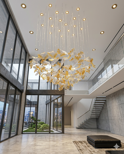 Custom Round 1M Leaf Glass Chandelier Orange & White Mixed Design