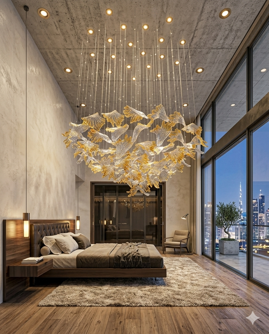 Custom Round 1M Leaf Glass Chandelier Orange & White Mixed Design