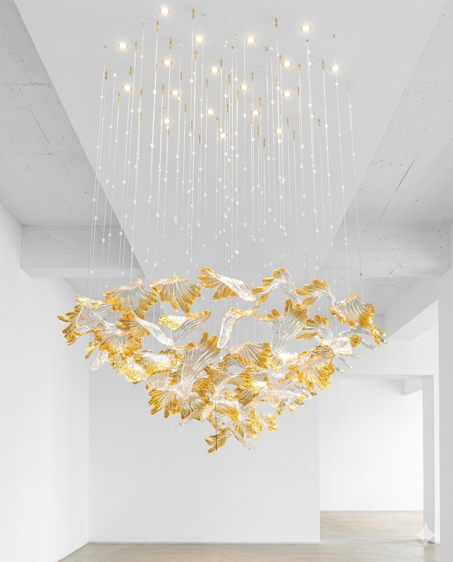 Custom Round 1M Leaf Glass Chandelier Orange & White Mixed Design
