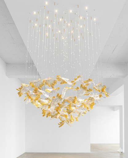 Custom Round 1M Leaf Glass Chandelier Orange & White Mixed Design