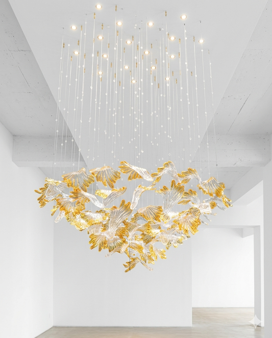 Custom Round 1M Leaf Glass Chandelier Orange & White Mixed Design