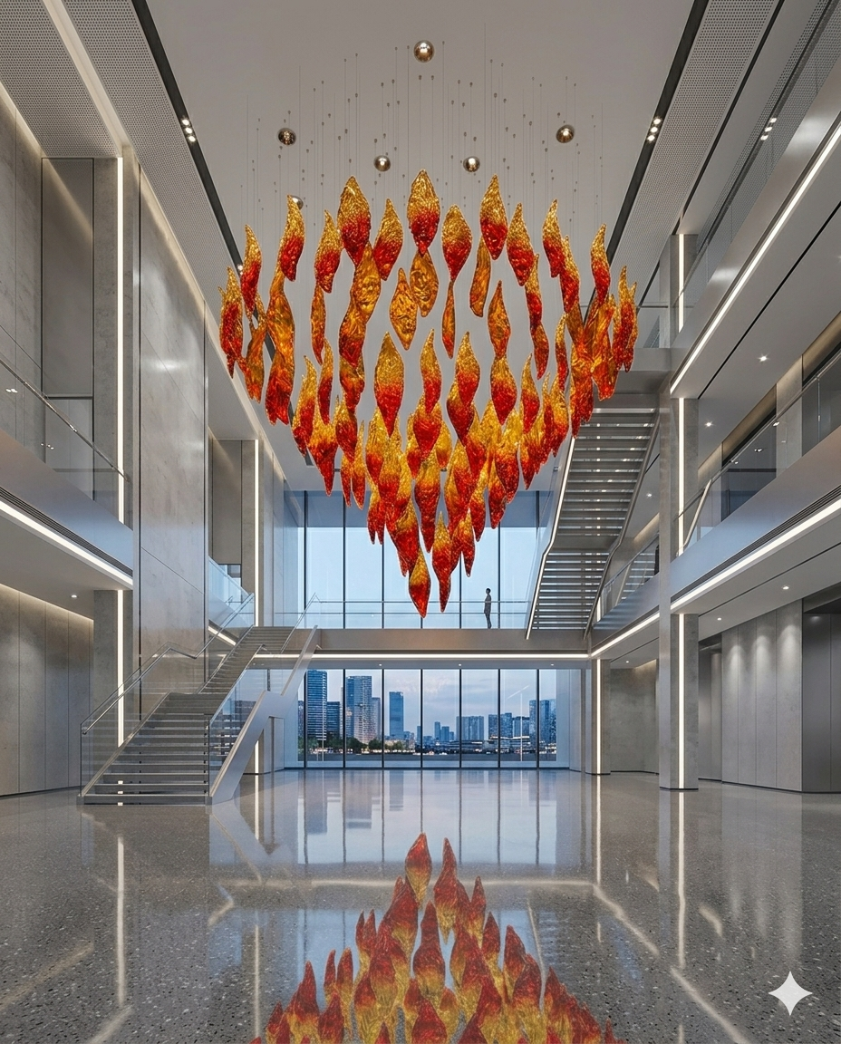 Custom Lava Glass Leaf Chandelier - Red & Gold Luxury Ceiling Light (1.2m x 1.8m)