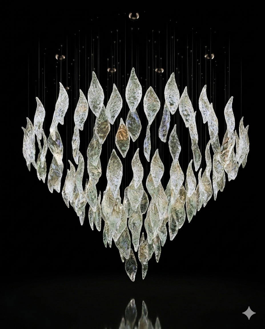 Forster Clear Glass Leaf Chandelier - Custom Round Luxury Pendant Light (1.2×1.8)