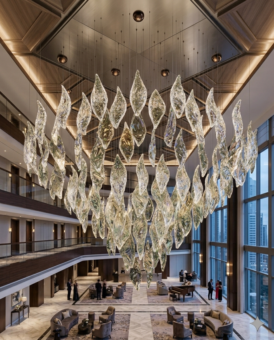 Forster Clear Glass Leaf Chandelier - Custom Round Luxury Pendant Light (1.2×1.8)