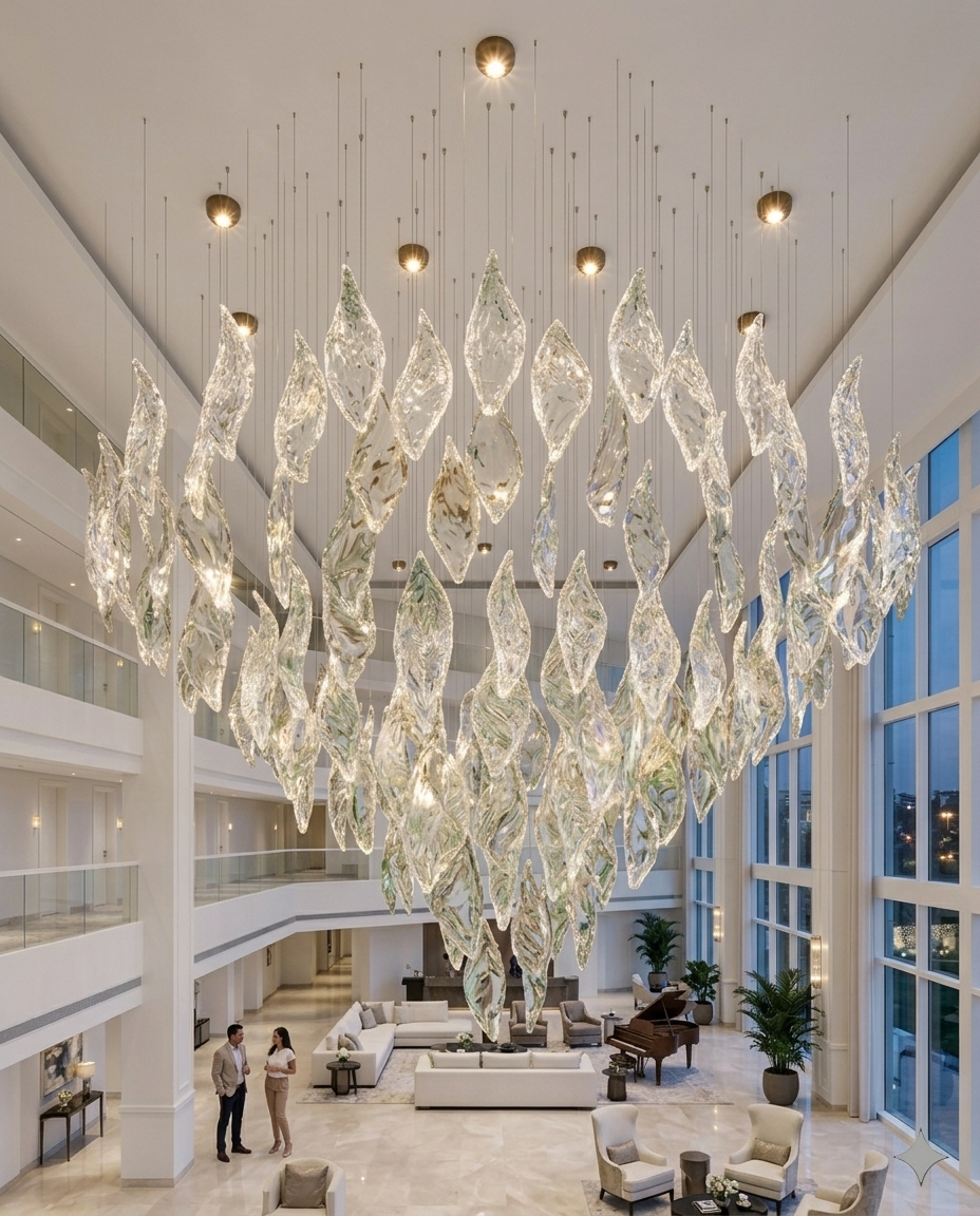 Forster Clear Glass Leaf Chandelier - Custom Round Luxury Pendant Light (1.2×1.8)