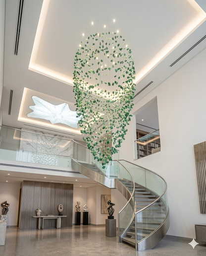 Custom Green Oval Waterfall Crystal Chandelier – 3M Luxury Staircase Pendant Light for Double Height Ceilings