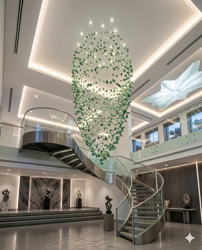 Custom Green Oval Waterfall Crystal Chandelier – 3M Luxury Staircase Pendant Light for Double Height Ceilings