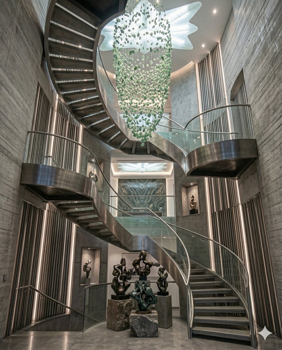 Custom Green Oval Waterfall Crystal Chandelier – 3M Luxury Staircase Pendant Light for Double Height Ceilings