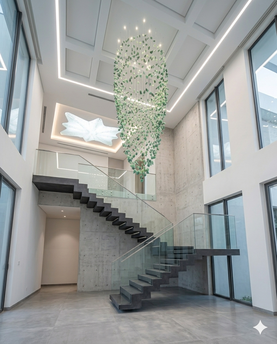 Custom Green Oval Waterfall Crystal Chandelier – 3M Luxury Staircase Pendant Light for Double Height Ceilings