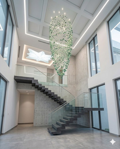 Custom Green Oval Waterfall Crystal Chandelier – 3M Luxury Staircase Pendant Light for Double Height Ceilings